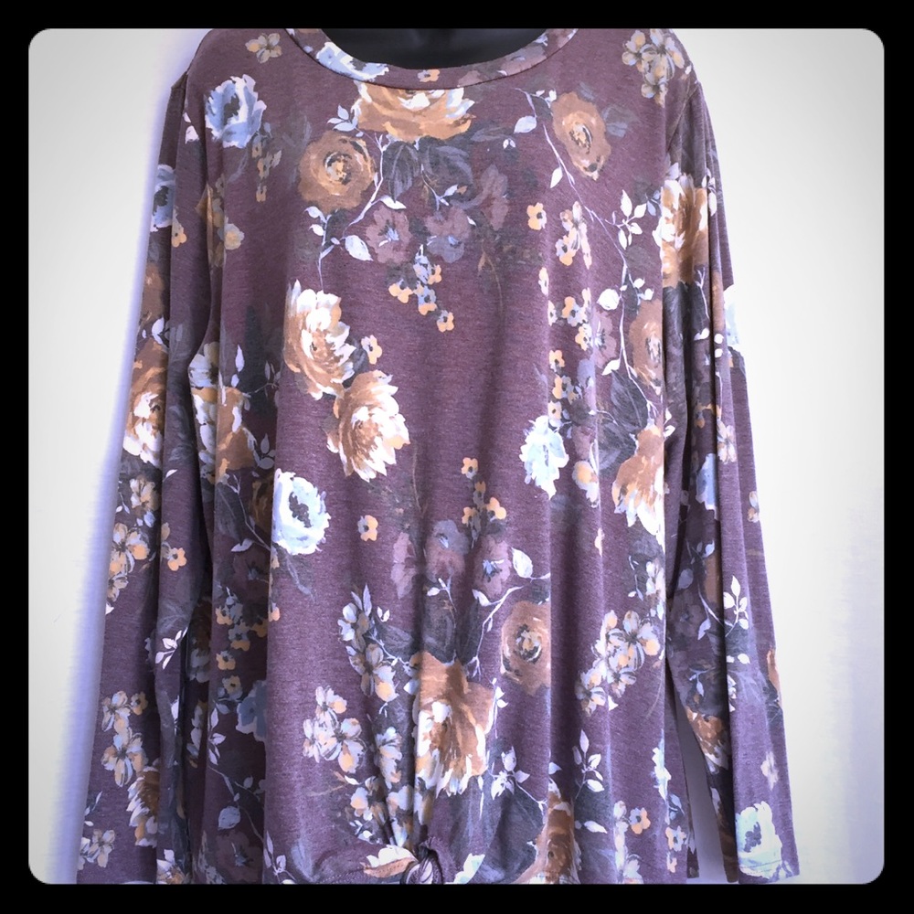 Plus Size 3X Brown Floral Print Long Sleeve Top